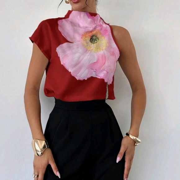 One Shoulder Printed Elegant Holiday Blouse - Picture 1 of 6